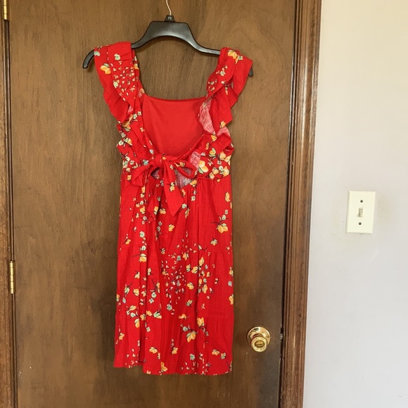 Relist7/18❌ LC LAUREN CONRAD red with lemon & floral print tie back dress - Picture 11 of 16